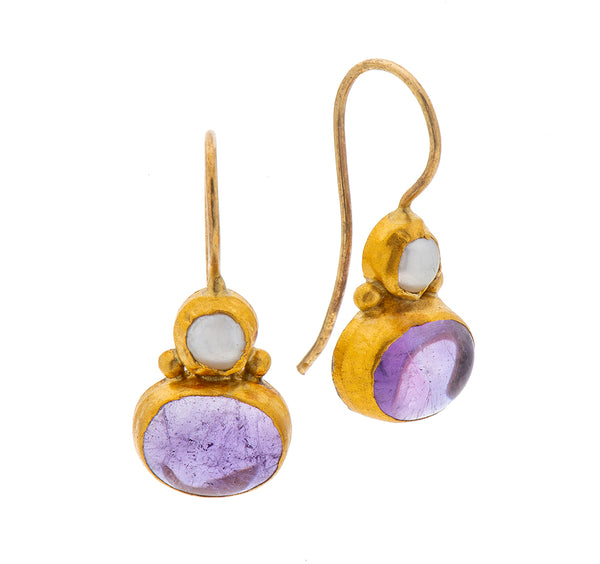 Nava Zahavi Yellow Gold Pearl and Amethyst Earrings