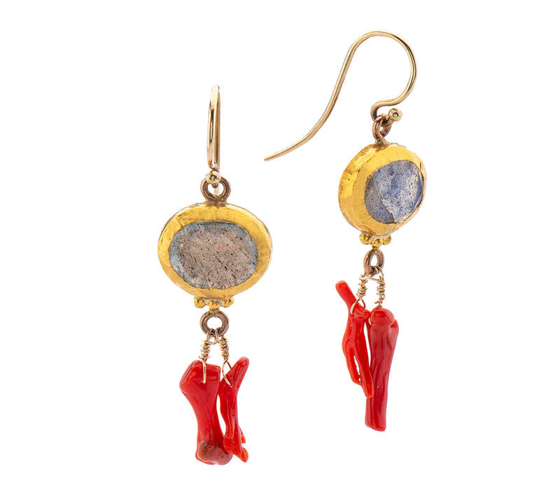 Nava Zahavi Yellow Gold Labradorite and Coral Earrings