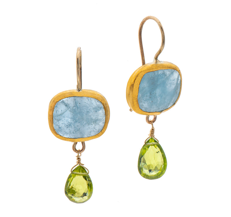 Nava Zahavi Yellow Gold Aquamarine Earrings and Peridot Drop