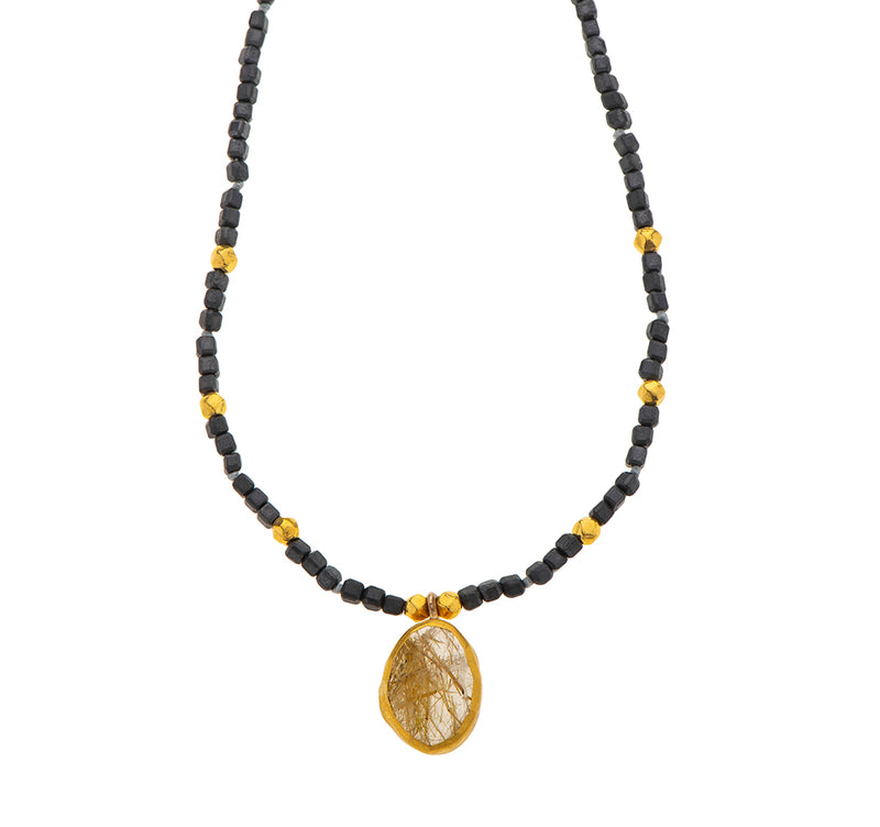 Nava Zahavi Yellow Gold Rutil and Obsidian Necklace